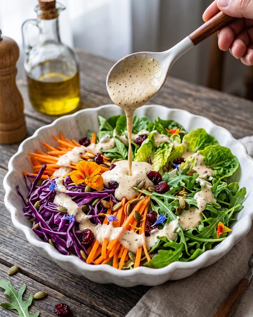 Molho cremoso sendo servido na salada
