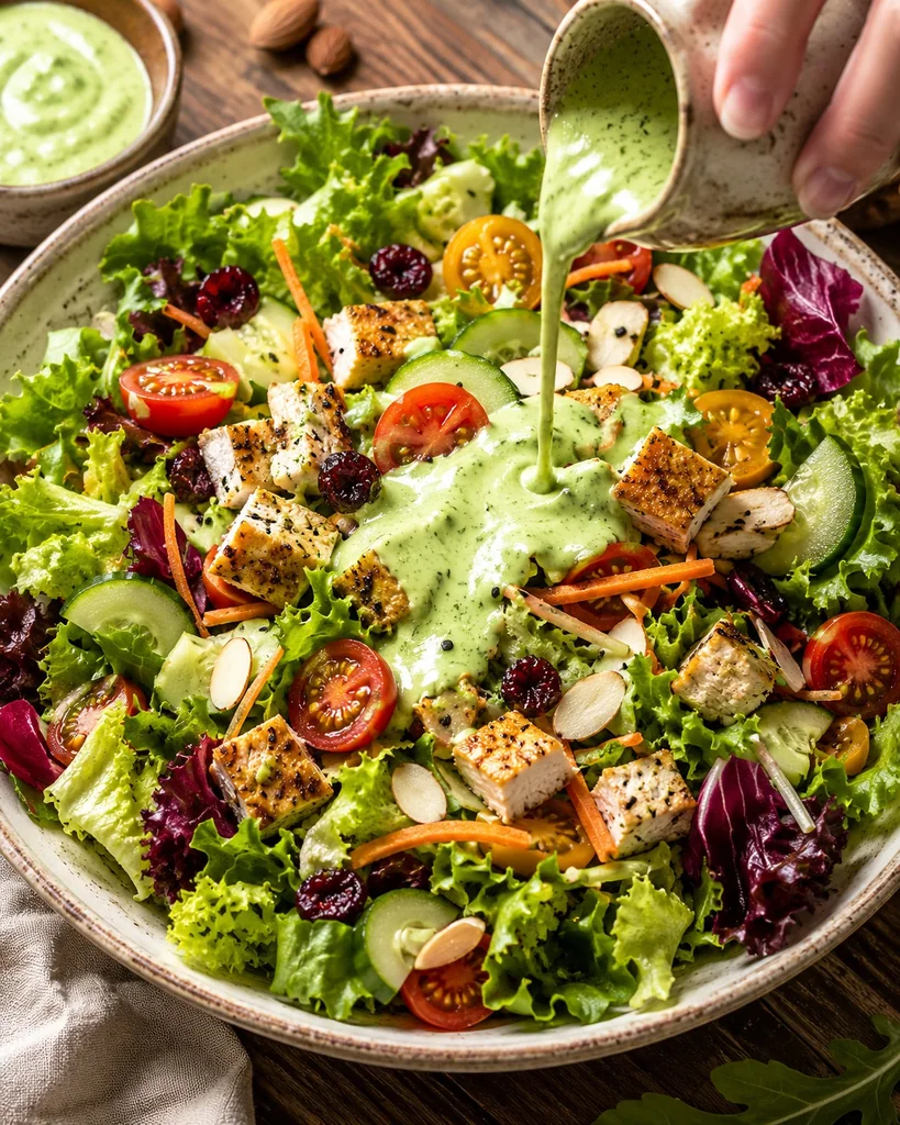 Molho verde sendo servido na salada