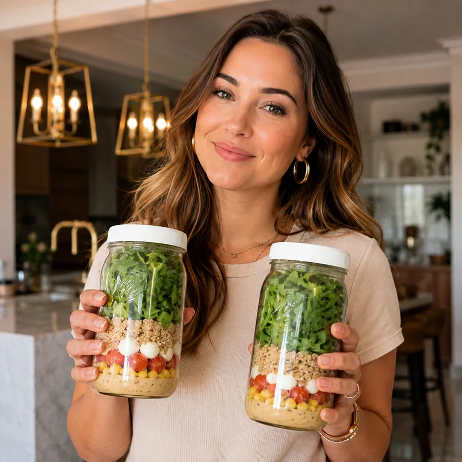 Nutri Ana Carolina com as saladas no pote